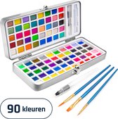 Aquarelverf Set – 90 kleuren waarvan 36 metallic tinten – met waterbrush penseel - in metalen blik