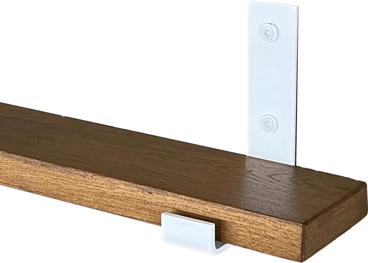 GoudmetHout Wandplank Industrieel - 220 x 10 cm Muurplank - Donker Eiken Hout - Decoratie Wandrek & Boekenrek - Hangplank Keuken - Wall Shelf + 2 Mat Witte Plankdragers van Staal Donker eiken - Mat wit - 10 cm