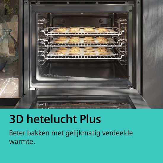 Oven met drie roosters vol met koekjes, de tekst "3D hete lucht Plus".