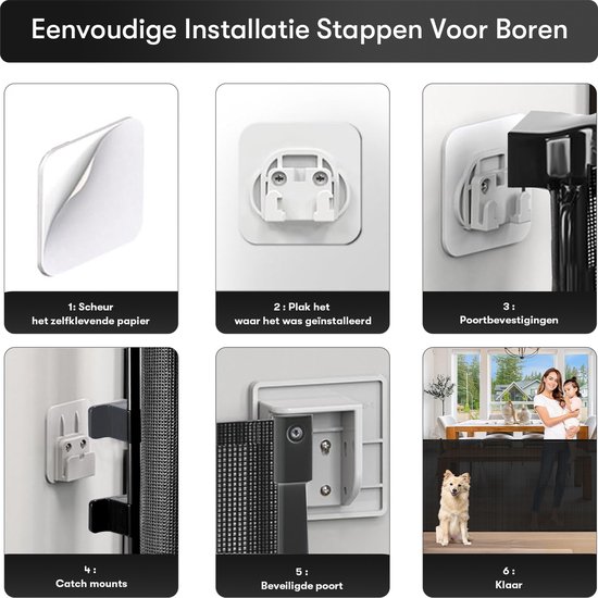 Stappen voor het boren van het witte oprolbare traphekje. Scheur papier, plak, bevestig, plaats, beveilig en klaar voor gebruik met kind en kat.