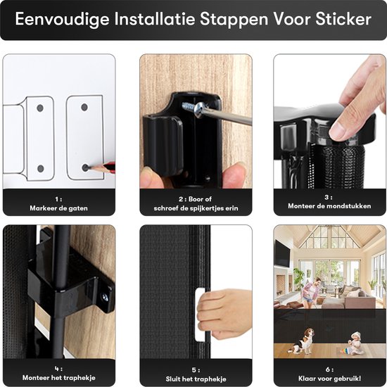 Stappen voor het installeren van het witte oprolbare traphekje met stickers. Markeren, schroeven, monteren, sluiten en klaar voor gebruik.