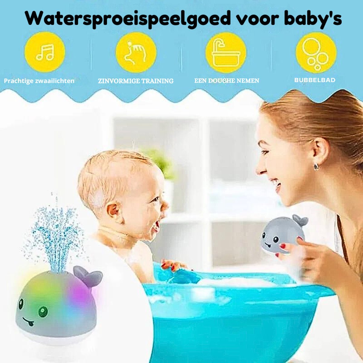 Gigilli Babybadspeelgoed, oplaadbaar peuterbadspeelgoed voor 1 2 jaar oud oplichtend walvisbadspeelgoed voor baby's van 6-12 maanden jongens meisjes baby kinderen - blauw