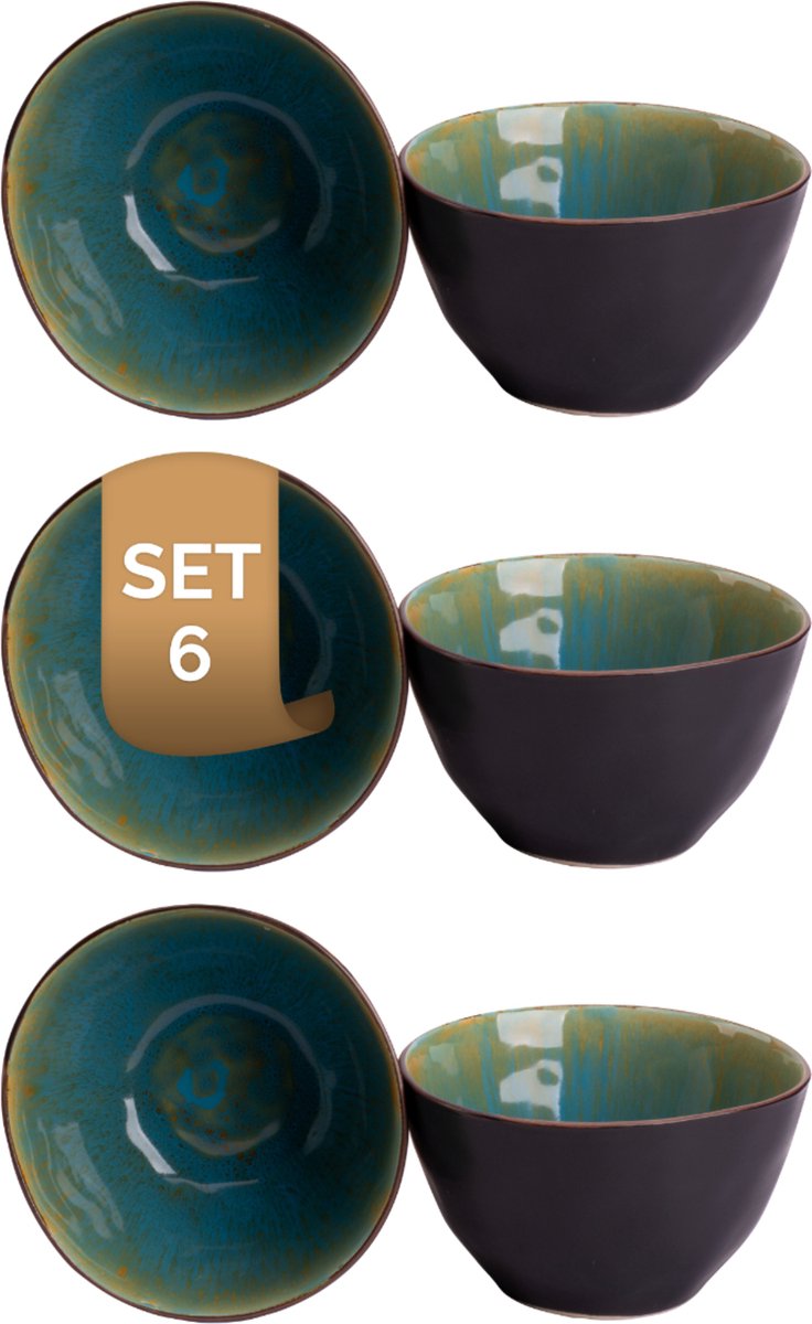 Palmer - Lotus - Schaal - Kom - 6 stuks - 1 L - ø 15 cm - Turquoise/Zwart - Stoneware - Bordenset