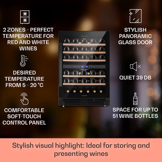 Klarstein Vrijstaande Wijnkoelkast 2 Zones, Kleine Drankenkoelkast, Kleine Wijnkast, Kleine Wijnkoelkast Met Glazen Deur, Outdoor Flessenkoelkast, Wine Fridge 5-20°C, 51 Flessen -…