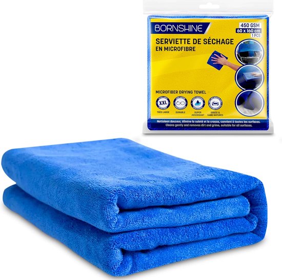 Bornshine - Microvezel 450 GSM XXL | Microvezeldoek | Microvezeldoek auto | Microvezeldoek badkamer | Droogdoek auto | Droogdoek | Drying Towel | Zacht & Anti-kras – Super absorberend - Zeer duurzaam - Zacht voor de autoverf - 60 x 160 cm