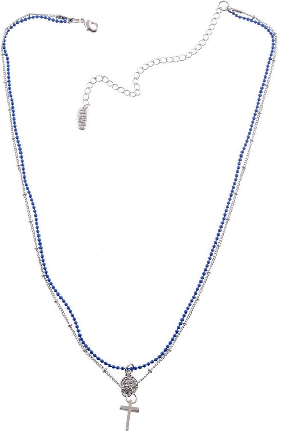 Behave Korte ketting zilverkleur met blauw 42 cm lengte, metaal, 2rijen, hanger kruis + 7,5 cm verlengketting
