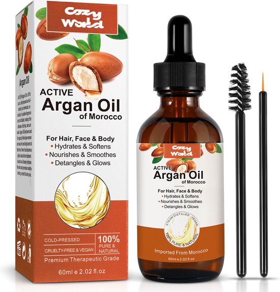 Cozy World - Marokkaanse Argan Olie - 60ml - Haarolie - Voedend Haarserum - Haaruitval - Wenkbrauw - Wimper - Olie - Minoxidil alternatief - Hoofdhuid Verzorging - Anti Roos - Wonderolie - Baardgroei - Haargroei