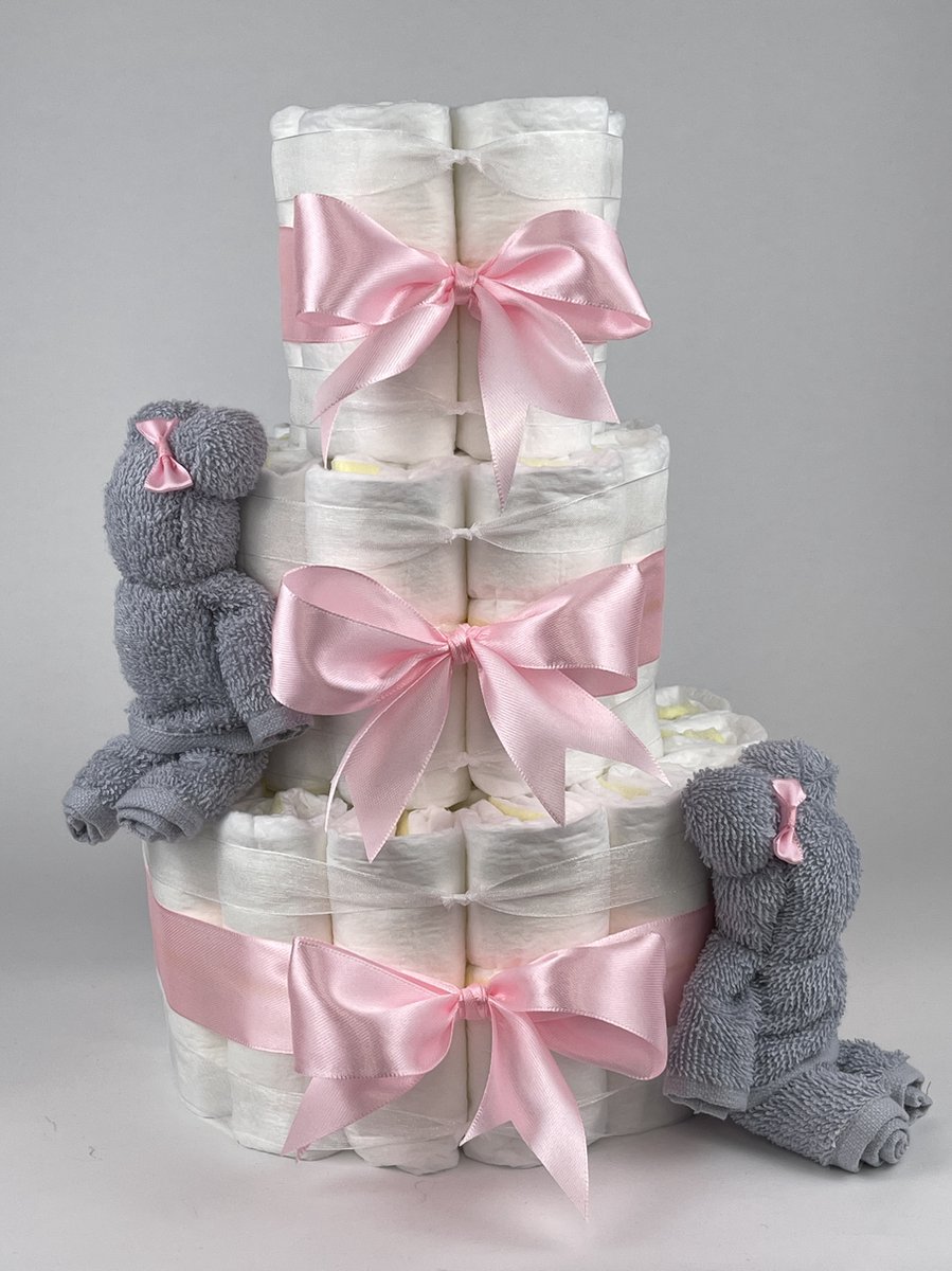 Chouette-Chouette | Luiertaart Meisje | Kraamcadeau | Geboorte Meisje | Babyshower | Beren Grijs - Roze