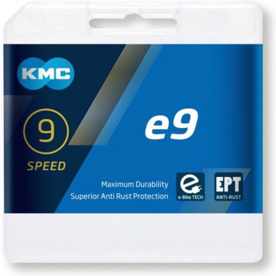 KMC e9 9-speed kettingverpakking met "Maximum Durability" en "Superior Anti Rust Protection".