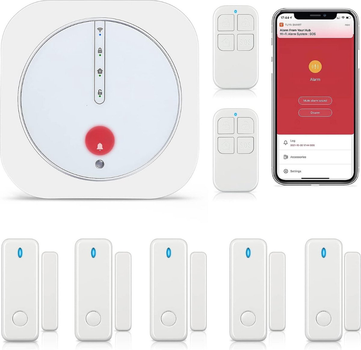 Alarmsysteem - WiFi-Deuralarm - Beveiligingssysteem - APP Alert en Belalarmen - Huisalarm - Draadloze 9-delige kit: Alarmhub, Deur/Raamsensoren, Afstandsbedieningen - Alexa en Google Home