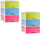Plasticforte ladeblokje/bureau organizer - 2x - 3 lades - multi kleuren - L26 x B36 x H37 cm