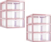 Plasticforte ladeblokje/bureau organizer - 2x - 3 lades - transparant/roze - L18 x B25 x H25 cm