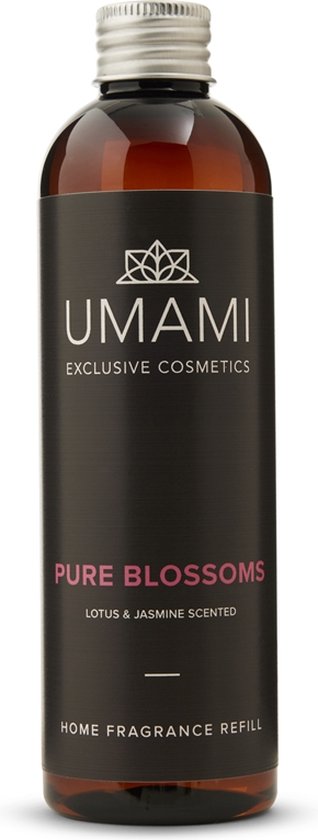 Umami Pure Blossoms home fragrance refill met lotus & jasmijn geur in een bruine fles met zilveren dop.