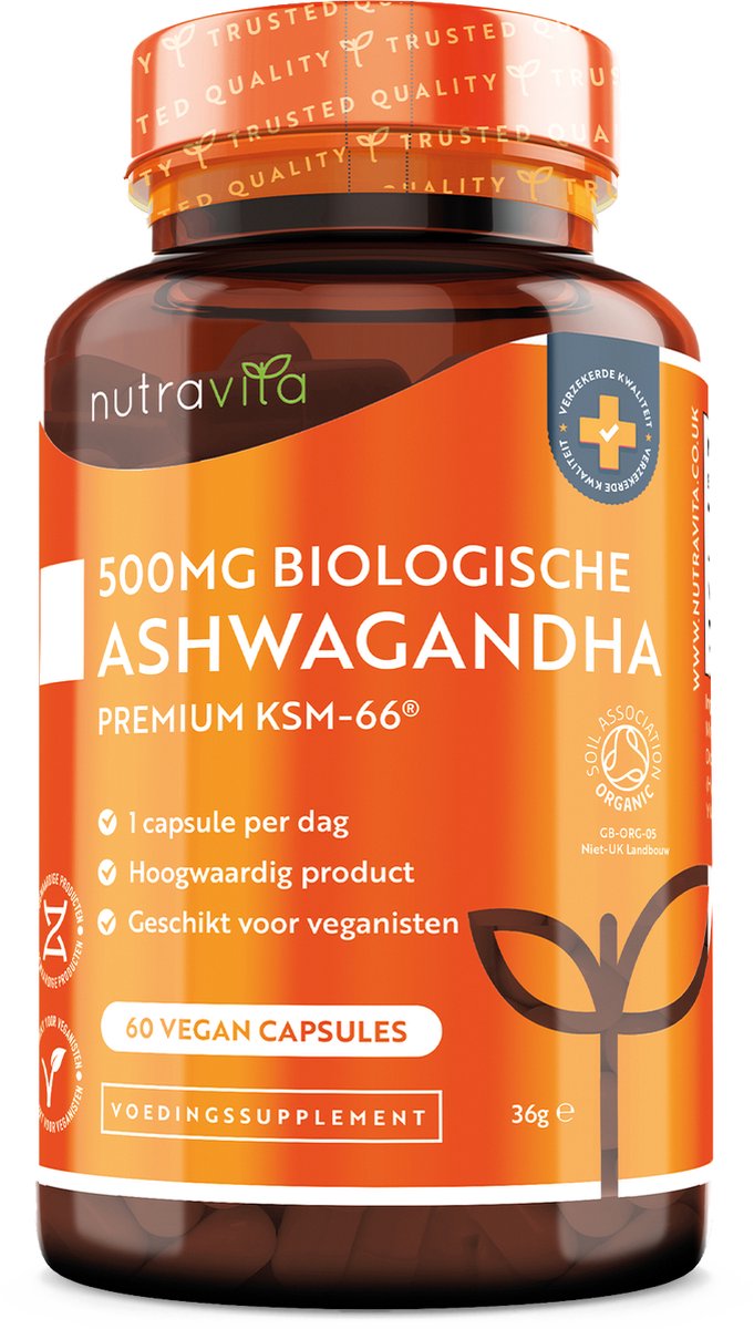 Nutravita Ashwagandha capsules - Biologische Ashwagandha KSM-66® met Indische Ginseng (gebruikt in Ayurveda) en Full-Spectrum wortelpoeder in hoge sterkte, Vegan en rustgevende tabletten met 5% Withanolides