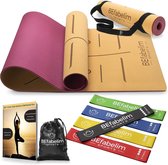 Ecologische yogamat kurk antislip 6mm dik, extra breed, fitnessbanden set van 5 van 100% latex verschillende diktes met draagtas & e-book, duurzame yogamat van kurk 183x66x0,6 cm