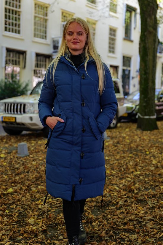 Lange dames winterjas - Gewatteerd en getailleerd - Blauw - Maat M (38)