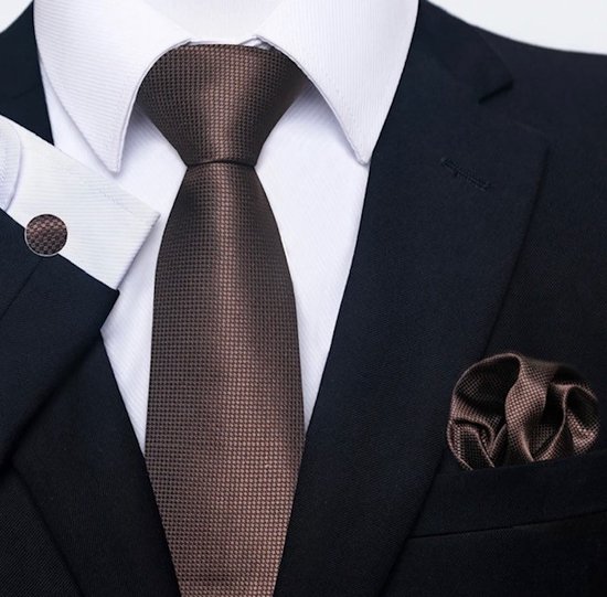 Cravate De Luxe Marron À Carreaux | Set de cravate avec boutons de Boutons de manchette, pochette et pince à cravate | Coffret Cadeau De Luxe | Cadeau homme | Fête des pères | Cadeau de fête des pères