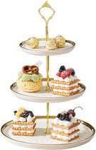 Cupcakestandaard, keramiek, taartstandaard met 3 lagen ingelegde gouden dieren, tafels, fruitborden voor salontafel, decoratie, cupcake en borden, dessert, standaard (wit)