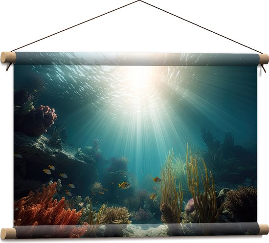 Textielposter - Zee - Onderwater - Zon - Vissen - Koraal - 60x40 cm Foto op Textiel