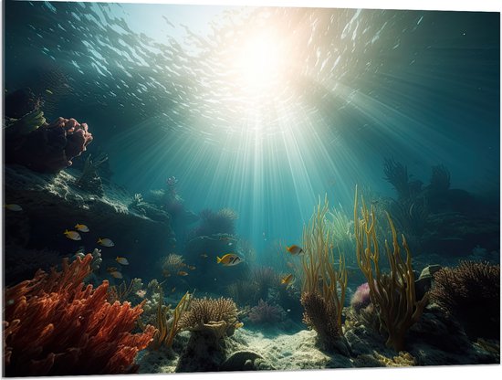 Acrylglas - Zee - Onderwater - Zon - Vissen - Koraal - 100x75 cm Foto op Acrylglas (Met Ophangsysteem)