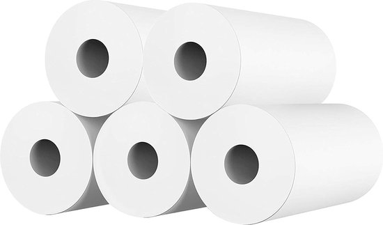Vijf witte papieren rollen voor een kinder camera printer.
