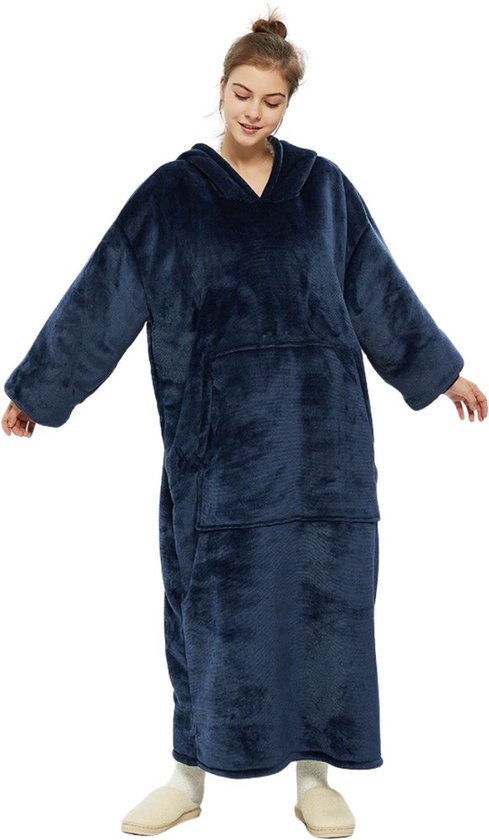Blauw hoodie blanket - Extra Lang 120cm - fleece deken met mouwen en capuchon – Oversized hoodie deken met mouwen – Fleece deken – Fleece TV deken – Plaid met mouwen – Warm & zacht – Fleece poncho -Blauw - Badrock