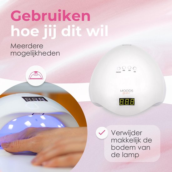 Witte UV nagellamp met blauw licht. Hand met nagels wordt in de lamp geplaatst. De bodem is verwijderbaar.