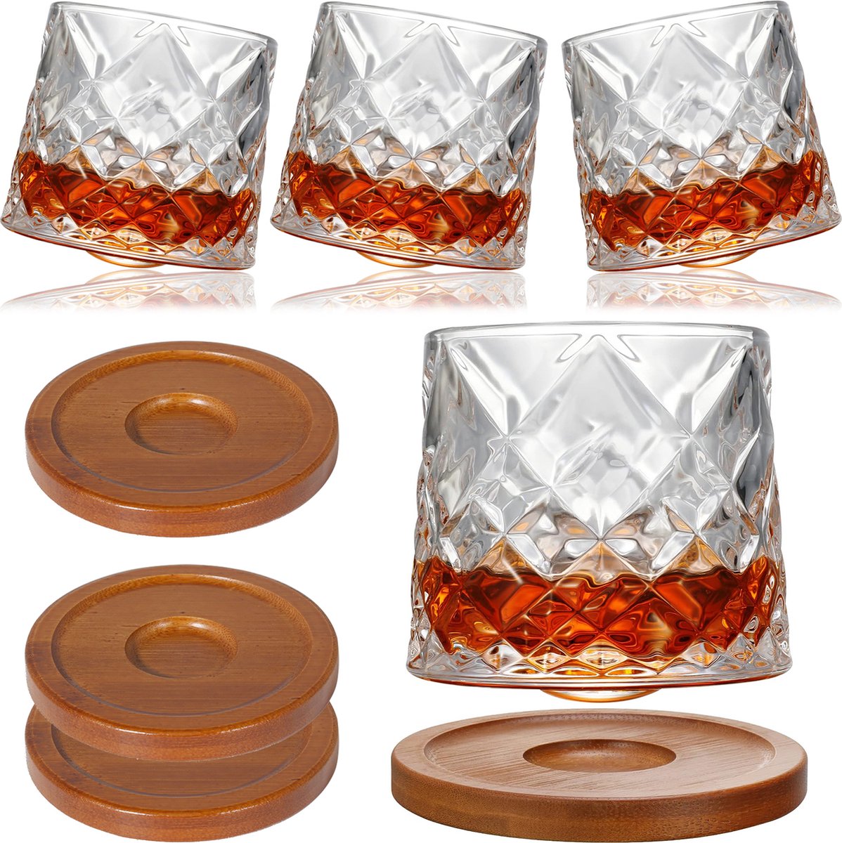 Uten Luxe Whiskey Glazen - Tumbler Whiskey Set Van 4 - Kristallen Whiskey Glas - Incl 4 Draaibaar Onderzetters - 275ml - Transparant Diamant Patroon