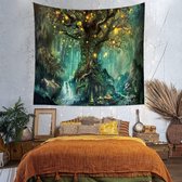Levensboom Wandtapijt, met watervallen en elfjes onder oude betoverde boom, psychedelische boswanddecoratie, muuropknoping voor slaapkamer, woonkamer, slaapzaal