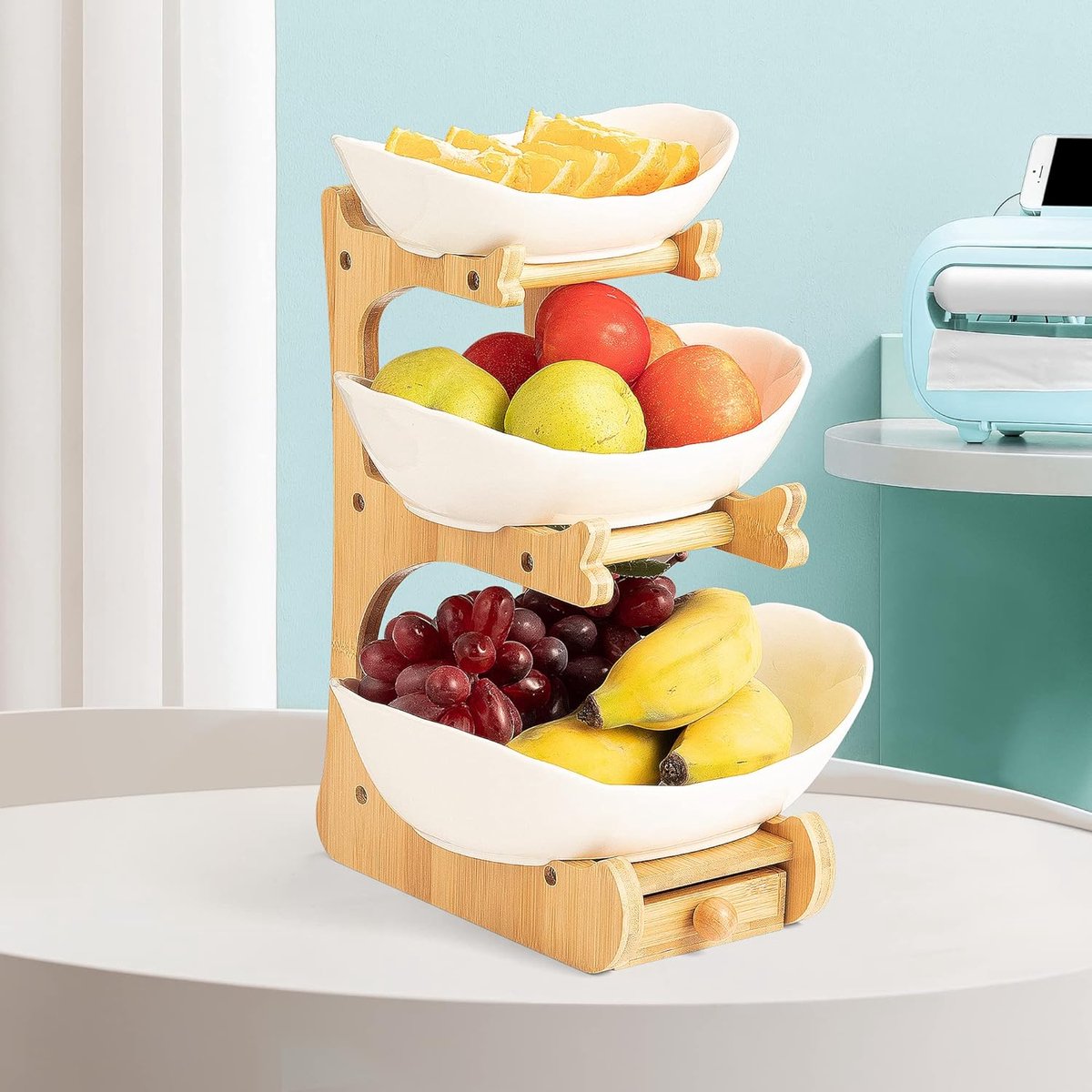SOUNAY Fruitmand Etagère Vintage Landelijke Stijl, Fruitschaal Hout Rustiek 31 x 20 x 10 cm voor Fruit, Cake, Snoep