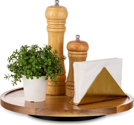 Decoratief dienblad rond: houten dienblad klein rustiek draaibaar acaciahout bruin hout serveerborden voor keuken middelpunt kaarsenhouder 30 cm