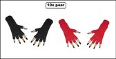 10x Paar vingerloze handschoen zwart en rood - Black and red - Feest festival thema feest party optocht themafeest