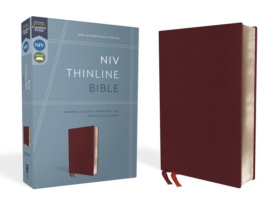 NIV Thinline Bijbel in gebonden leer, bordeauxrood. Met rode letters voor de woorden van Jezus.