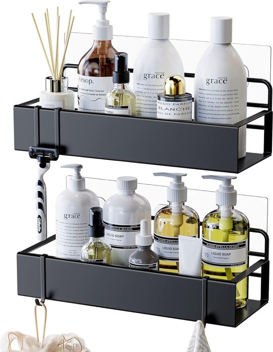 Diwoker Doucherek Hangend - Doucheplank Zonder Boren, voor Frameloze Glazen deur Badkamer Organizer, Shampoohouder voor Douche Zwart (2 laags