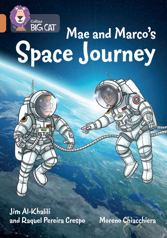 Mae en Marco's Space Journey, met twee astronauten in witte ruimtepakken boven de aarde.