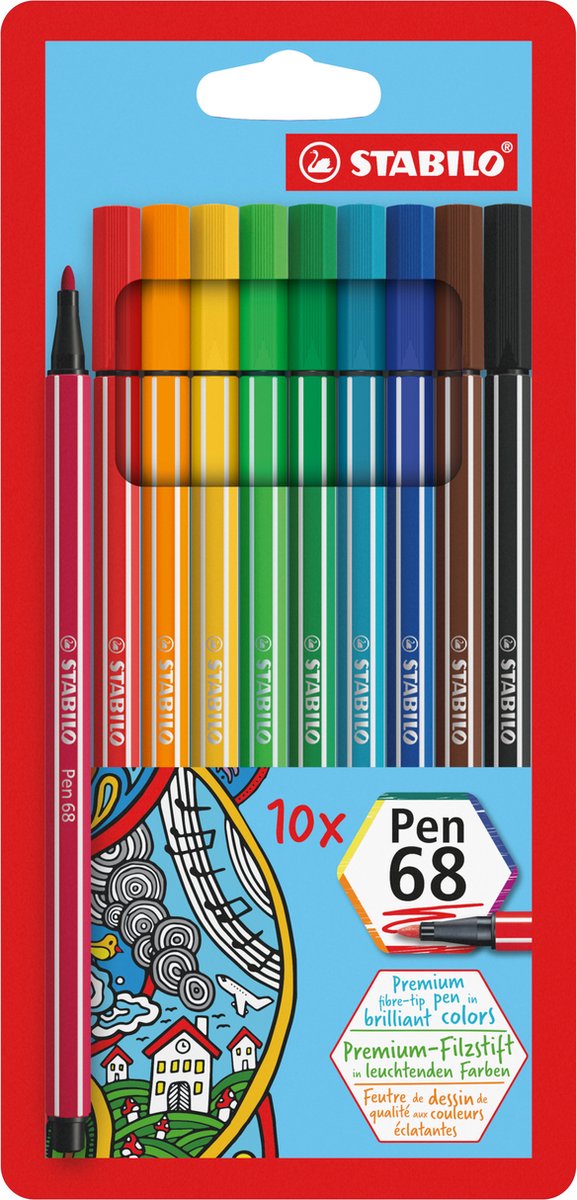 STABILO Pen 68 feutre, étui en carton de 18 pièces en couleurs