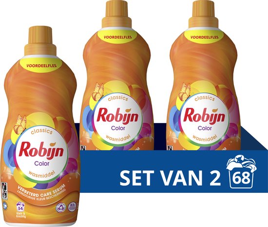 Robijn Klein & Krachtig Classics Vloeibaar Wasmiddel - Color - met Care Serum - 2 x 34 wasbeurten - Voordeelverpakking