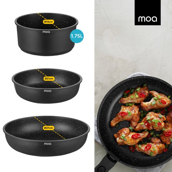 MOA Set de poêles - 5 pièces - Tous feux - Sans PFAS - Revêtement antiadhésif - Set de poêles induction - Aluminium - Manche amovible - Zwart - PS501B