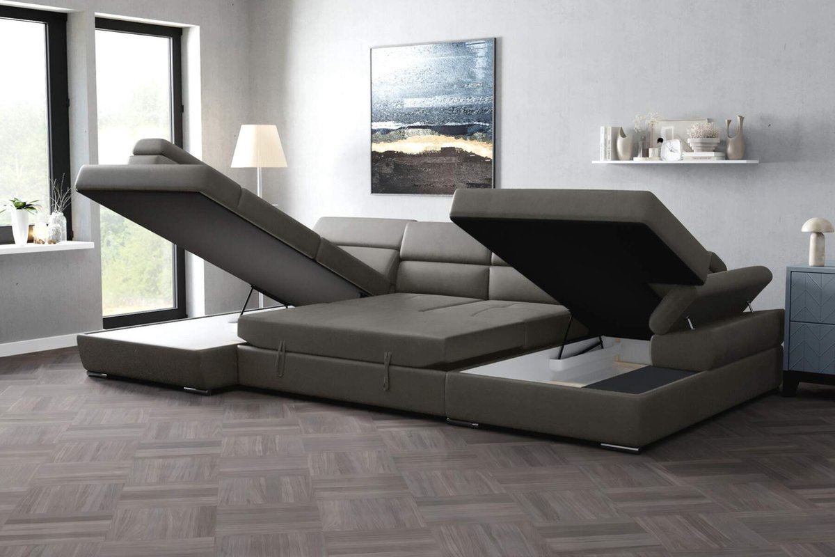 hoekbank lazaro rechts- microvezelstof taupe- dubbele opbergruimte-met slaapfunctie-seatsandbeds