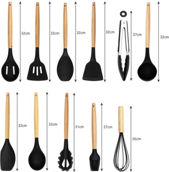 Ensemble de 11 ustensiles de cuisine noirs avec manches en bois, y compris spatules, cuillère, fouet et pince.
