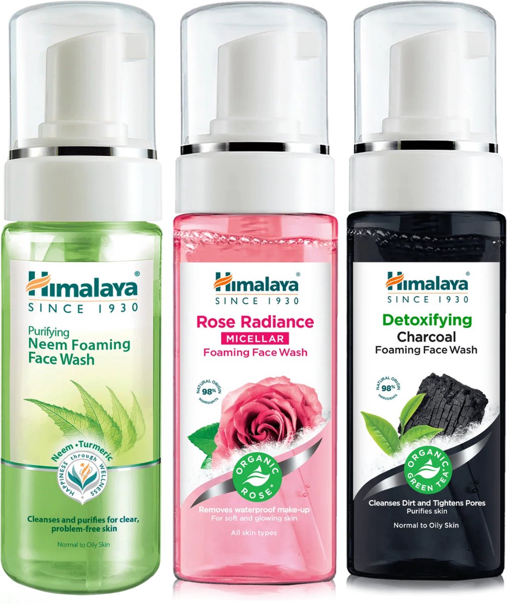 Himalaya Herbals Natuurlijke Gezichtsreiniging Foam Face Wash Trio - 150 ml Rose Micellair Foam Facewash - 150 ml Neem Foam Facewash - 150 ml Charcoal Foam Facewash