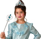 Atosa Carnaval verkleed Tiara/diadeem - Prinsessen kroontje met toverstokje - zilver/blauw - meisjes