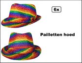 6x Paillet feesthoedje multicolor - Rainbow glitter and glamour festival thema feest fun party feesthoed