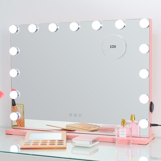 COOLJEEN Miroir de courtoisie Hollywood avec lumières - 15 ampoules LED à intensité variable - Support de table - 3 modes de couleur - Port USB - Contrôle tactile - Cadre en métal - Rotation à 360