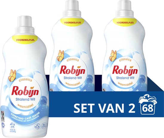 Foto: Robijn klein krachtig classics vloeibaar wasmiddel stralend wit met care serum 2 x 34 wasbeurten