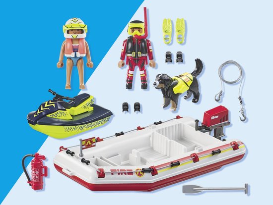 PLAYMOBIL brandweerboot set: boot, waterscooter, reddingshond, duiker, figuur en brandblusser.