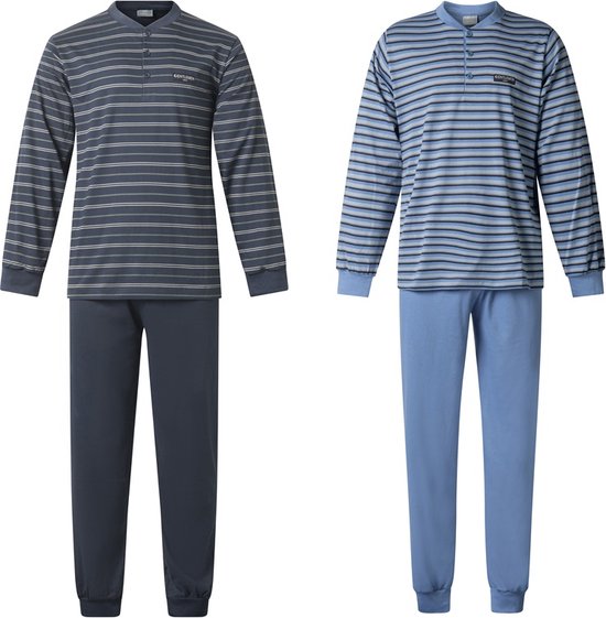 2 Heren Pyjama's van Gentlemen 114237 navy-groen en raf-blauw knoop hals maat L