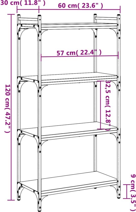vidaXL - Boekenkast - 4-laags - 60x30x120 - cm - bewerkt - hout - grijs - sonoma - eiken