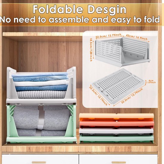 4-pack opvouwbare kast organisatoren opbergdoos, stapelbare opbergbakken, plastic lade mand kast opslag voor kledingkast kast keuken badkamer kantoor wit - 4L