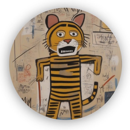 Tijger in de stijl van Basquiat - Tijger schilderij - Wanddecoratie tijger - Basquiat schilderij - Schilderij rond - Muurdecoratie dibond - 90 x 90 cm 3mm